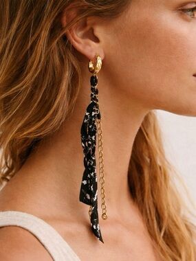 Free People Bandana Fabric Chain Twist Hoops Black Gold Dangle Earrings